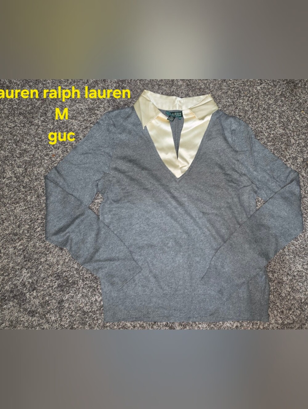 Lauren Ralph Lauren Silk Cashmere Blend V-Neck Sweater Satin Collar M GUC